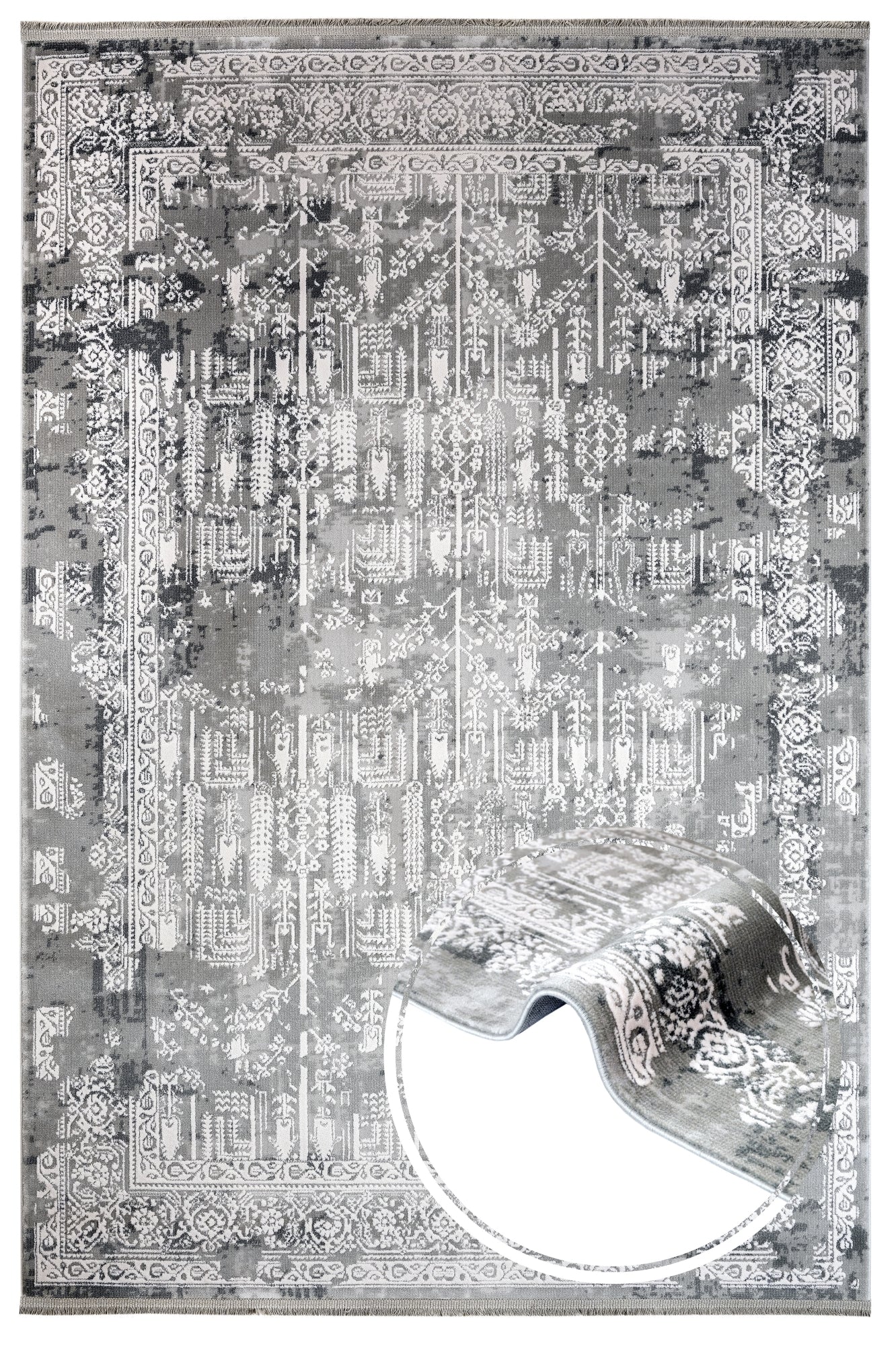 Grey Vintage Area Rug – Machine Made Rug with Fringed Edge for Living Room
