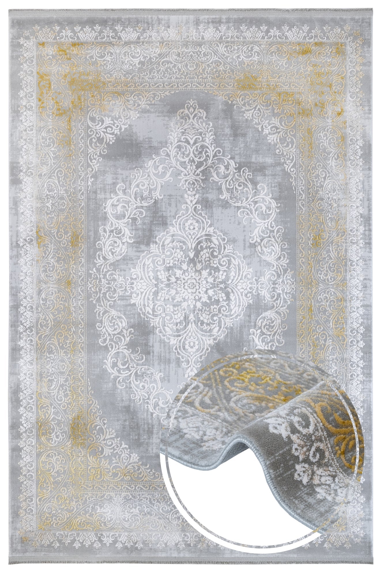 Gold Area Rug – Classic Machine Made Rug with Fringed Edges, Non Slip Acrylic Carpet