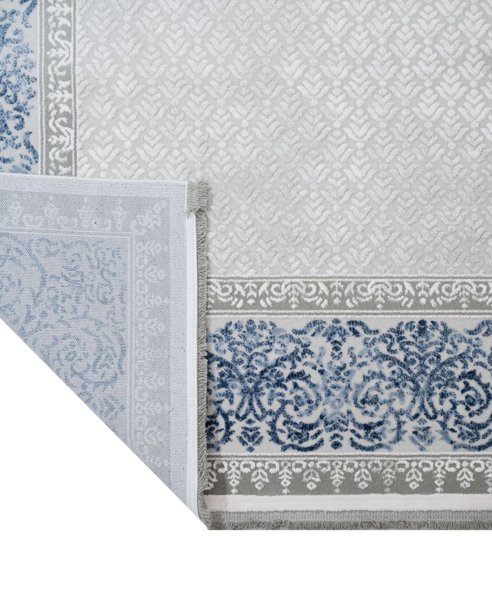 Blue Frame Area Rug - Machine Made Acrylic Rug With Fringed Edges For Living Room