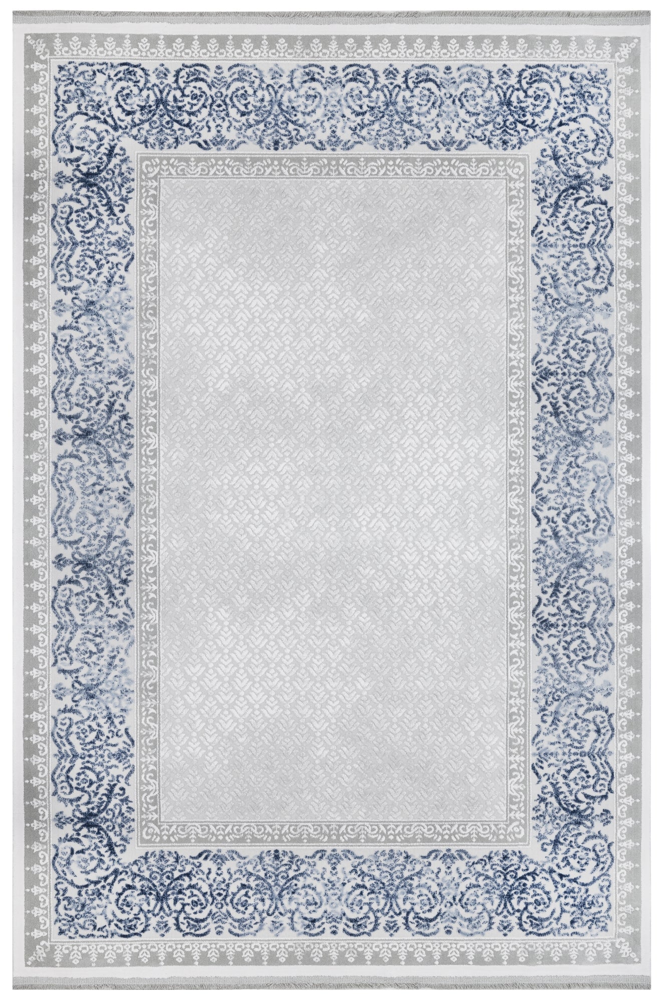 Blue Frame Area Rug - Machine Made Acrylic Rug With Fringed Edges For Living Room