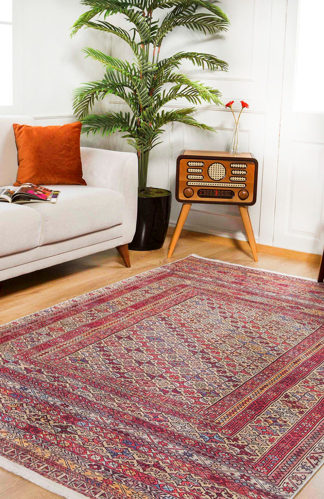 Red Geometric Area Rug - Digital Print Rug | Non Slip Carpet for Living Room