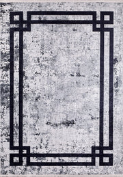 Grey Digital Print Rug - Modern Frame Design Area Rug | Non Slip, Washable