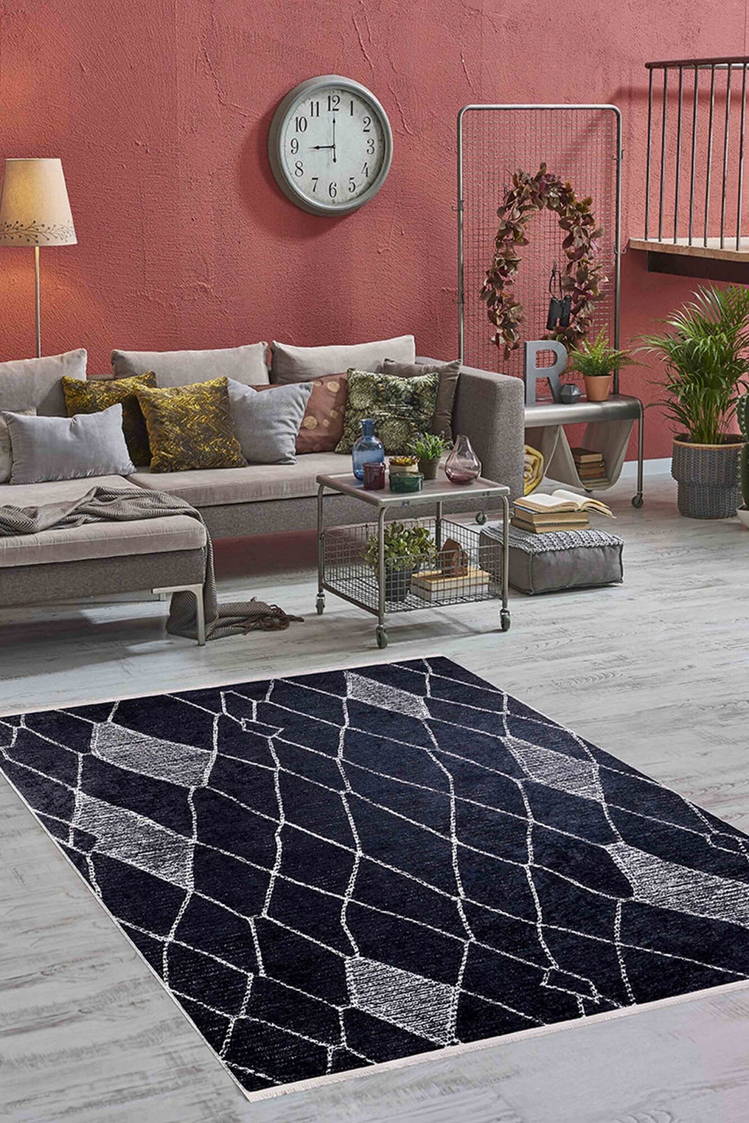 Black Geometric Area Rug - Modern Digital Print Carpet, Non Slip & Washable