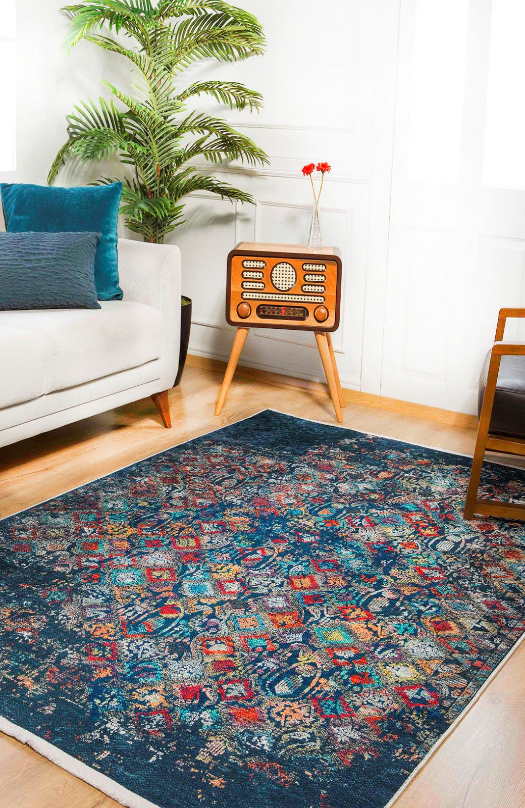 Vintage Area Rug – Navy Blue Digital Print Carpet | Antibacterial, Non Slip, Washable