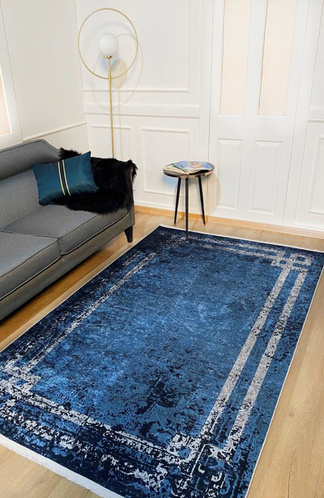 Blue Frame Area Rug – Digital Print Non Slip Washable Carpet for Living Room