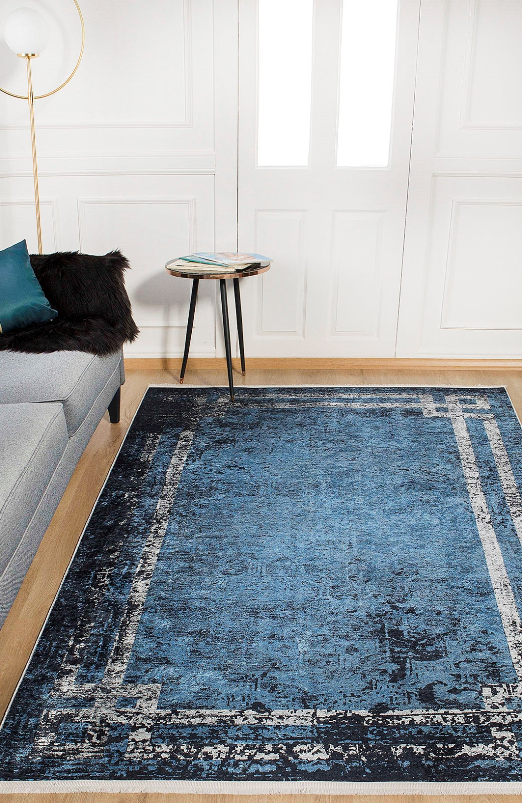 Blue Frame Area Rug – Digital Print Non Slip Washable Carpet for Living Room