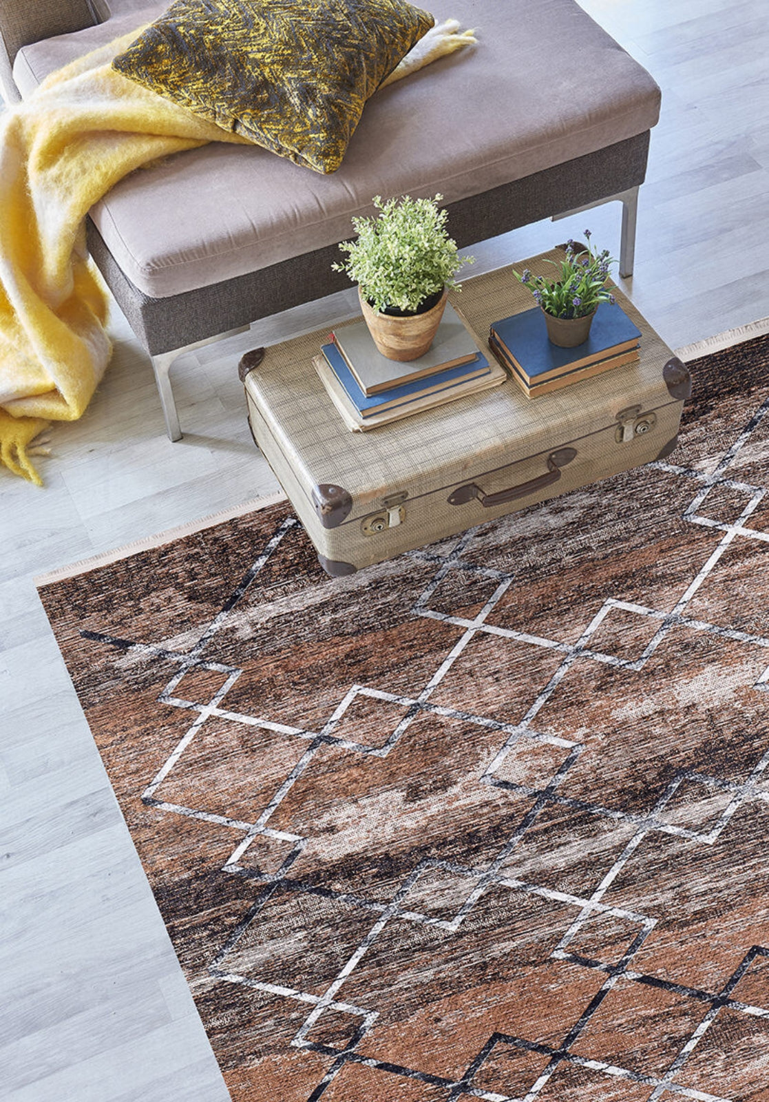Geometric Area Rug - Brown Digital Print Rug | Non Slip, Washable, Antibacterial Floor Carpet