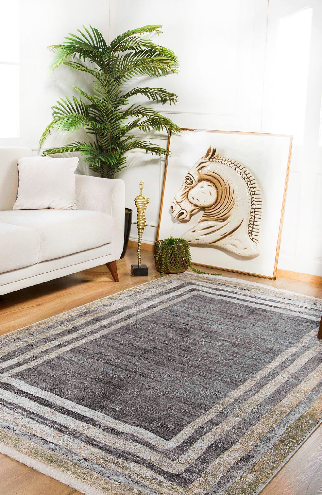 Grey Frame Area Rug - Digital Print Non Slip Carpet | Antibacterial Washable Carpet