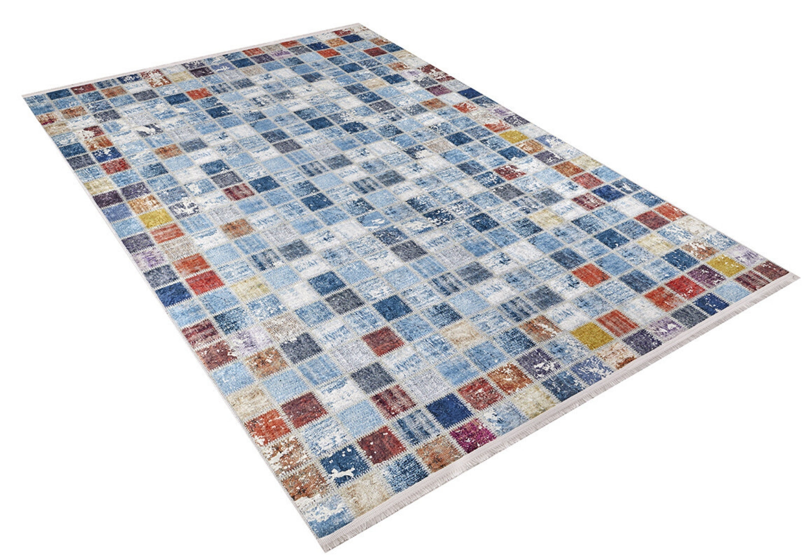Blue Patchwork Area Rug – Digital Print Rug with Non Slip, Antibacterial, Washable Design