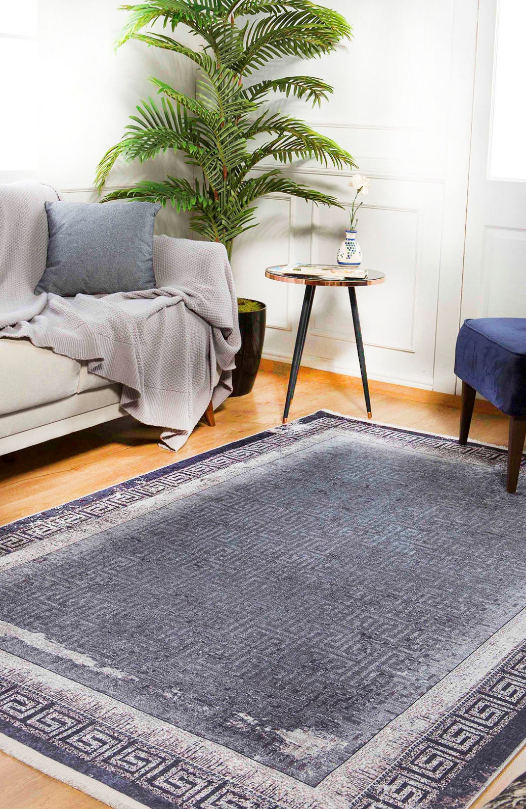 Digital Print Area Rug - Anthracite Frame Design, Non Slip Antibacterial Carpet