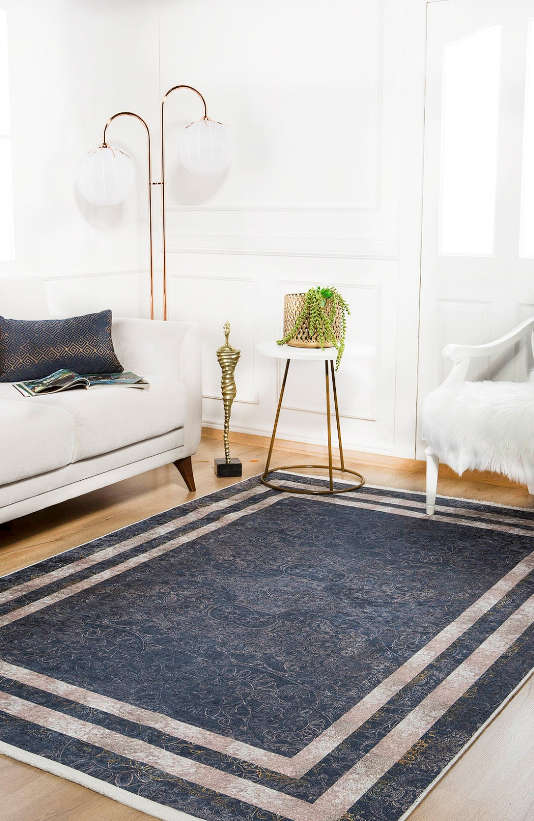 Digital Print Area Rug – Navy Blue Rug With Frame Design | Non Slip Antibacterial Carpet