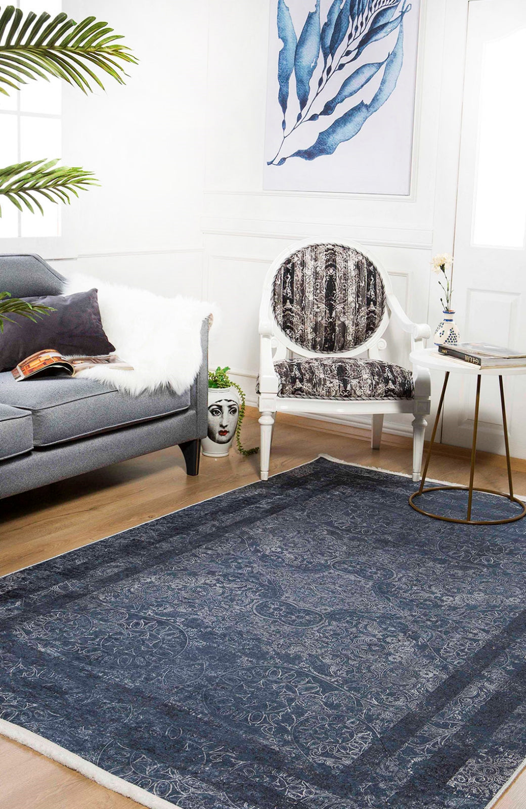 Digital Print Area Rug | Navy Frame Design Antibacterial Non Slip Carpet