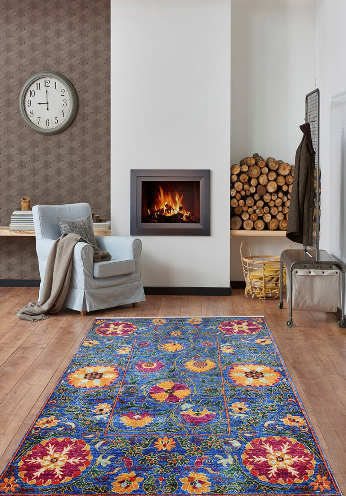 Blue Floral Area Rug – Digital Print Carpet | Non Slip, Antibacterial, Washable
