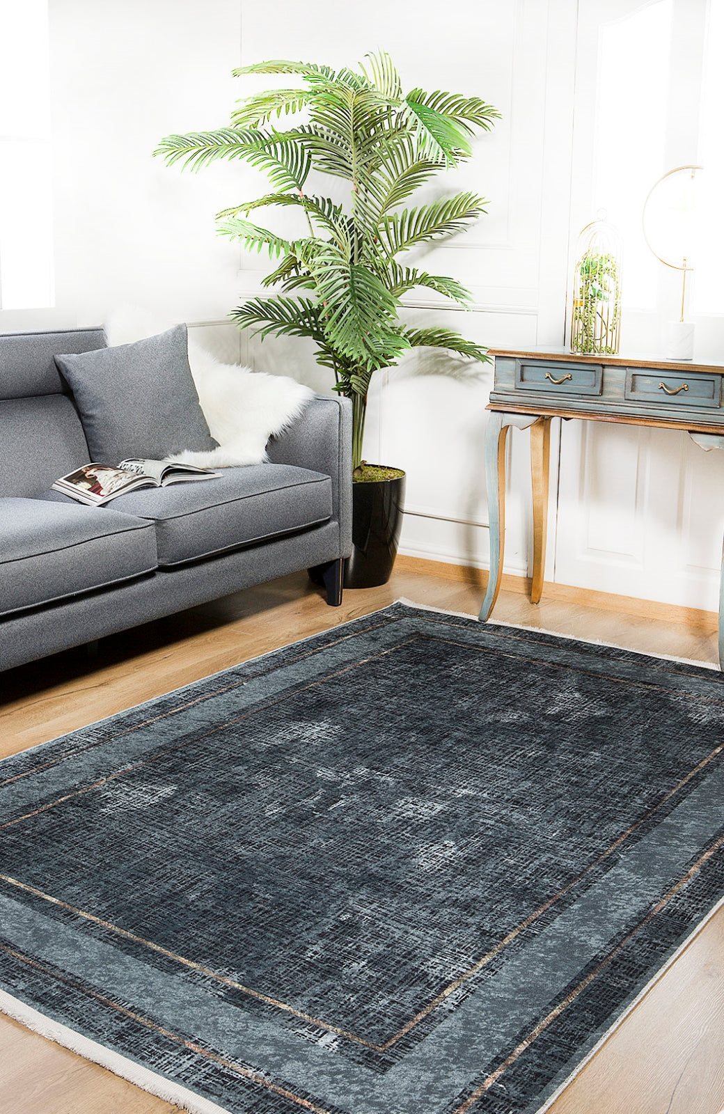 Blue Frame Area Rug – Digital Print Rug | Non Slip, Antibacterial Floor Carpet