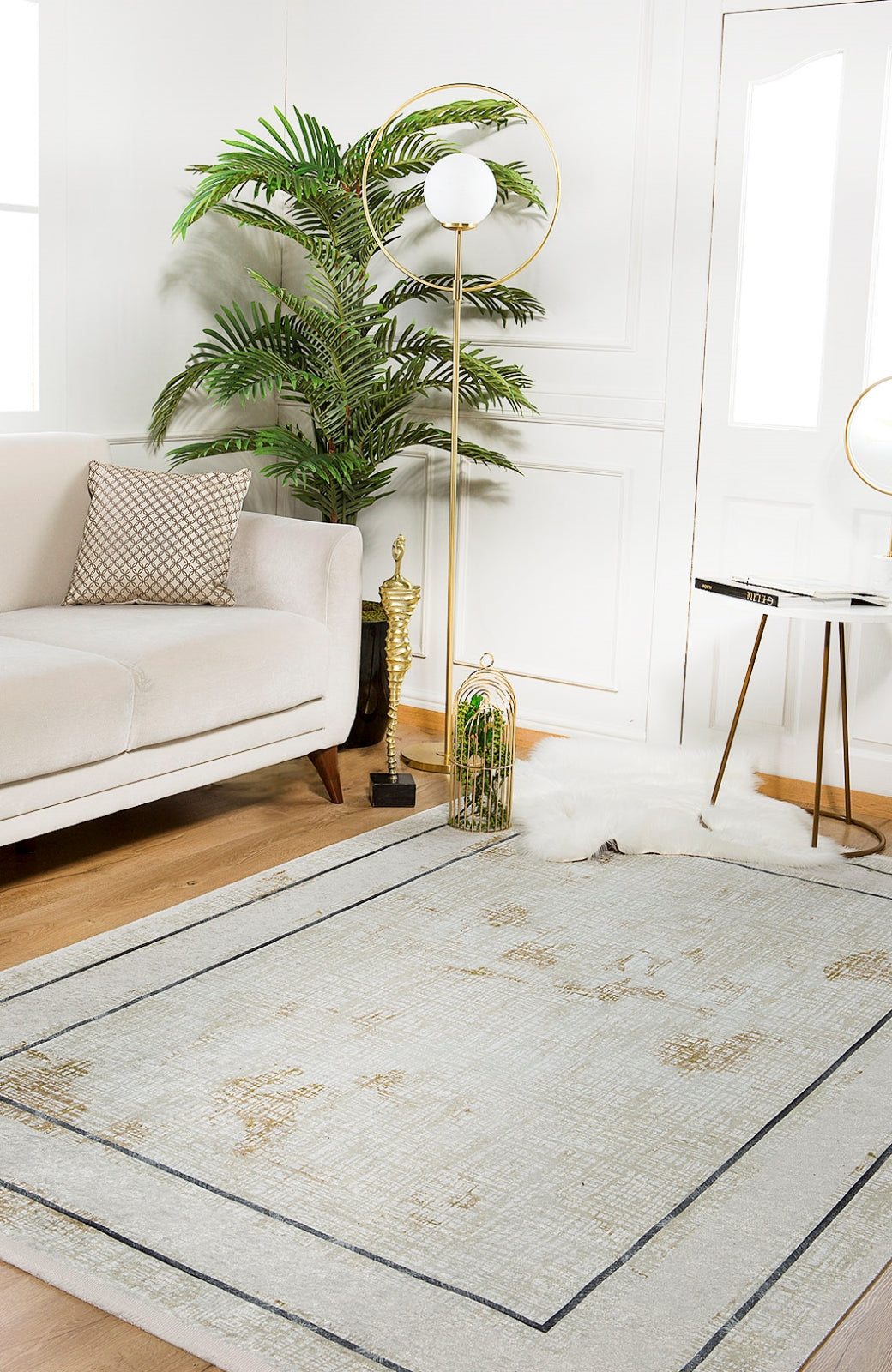 Cream Area Rug - Digital Print Frame Design Carpet | Non Slip, Antibacterial, Washable