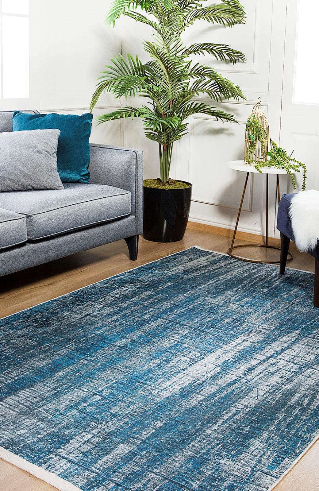 Modern Digital Area Rug – Blue Krasnodar Style Rug with Non Slip Backing