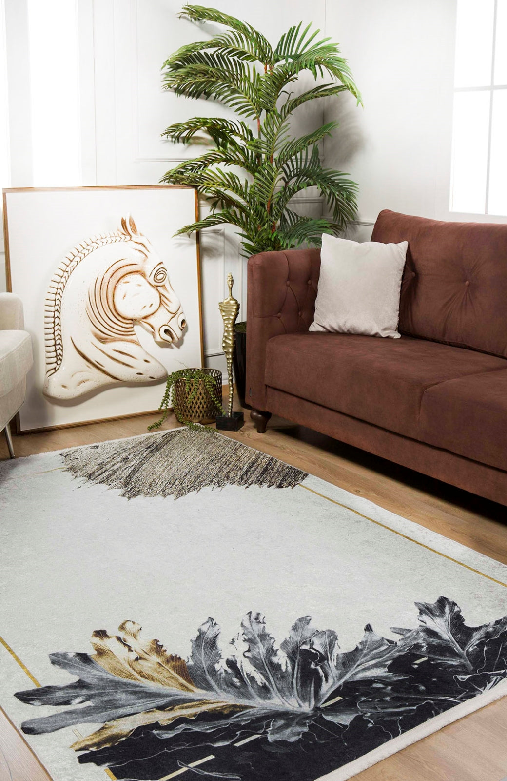 Modern Area Rug – Digital Print Cream Carpet | Non Slip, Antibacterial, Stylish