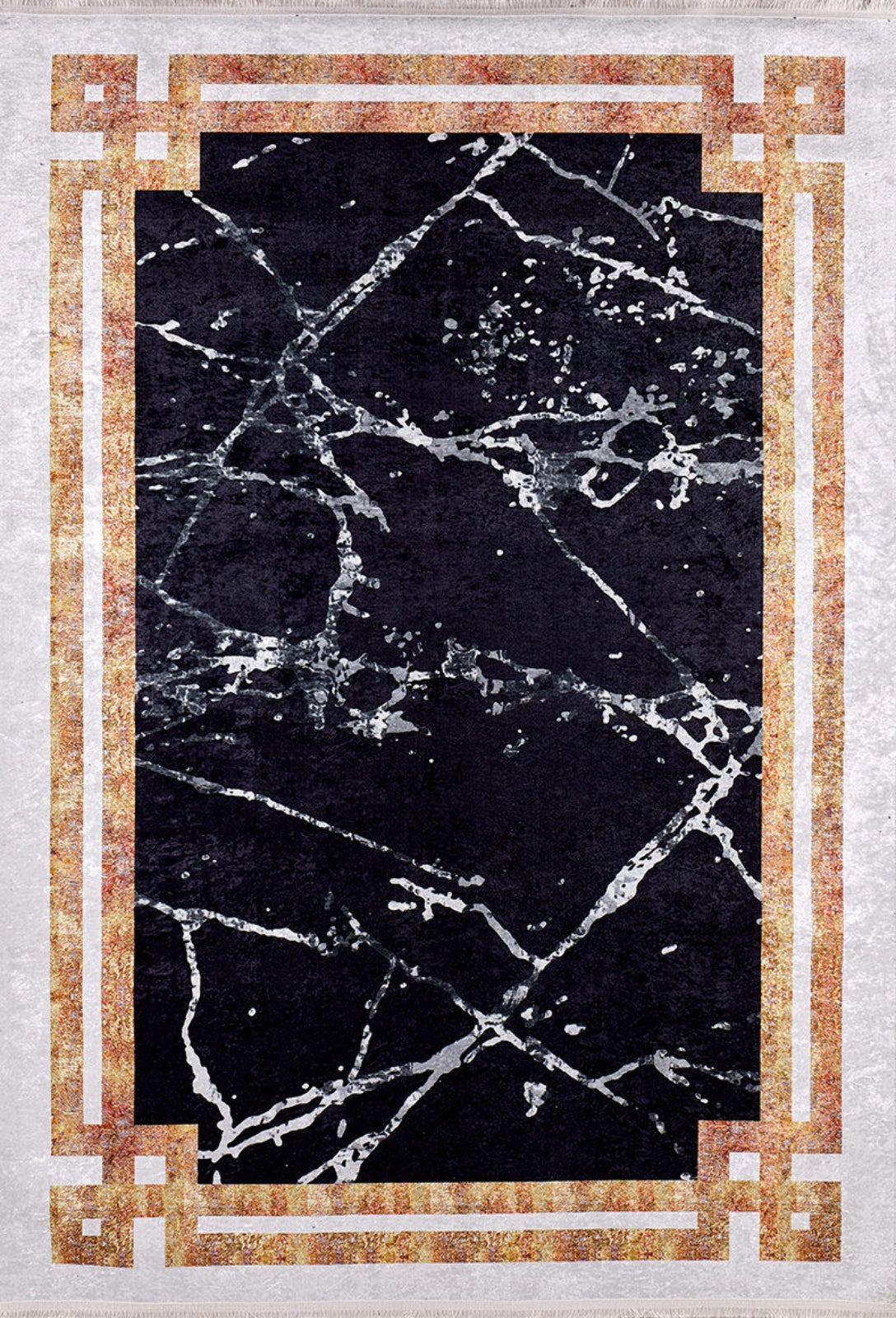 Gold Frame Area Rug - Black Digital Print Non Slip Washable Carpet