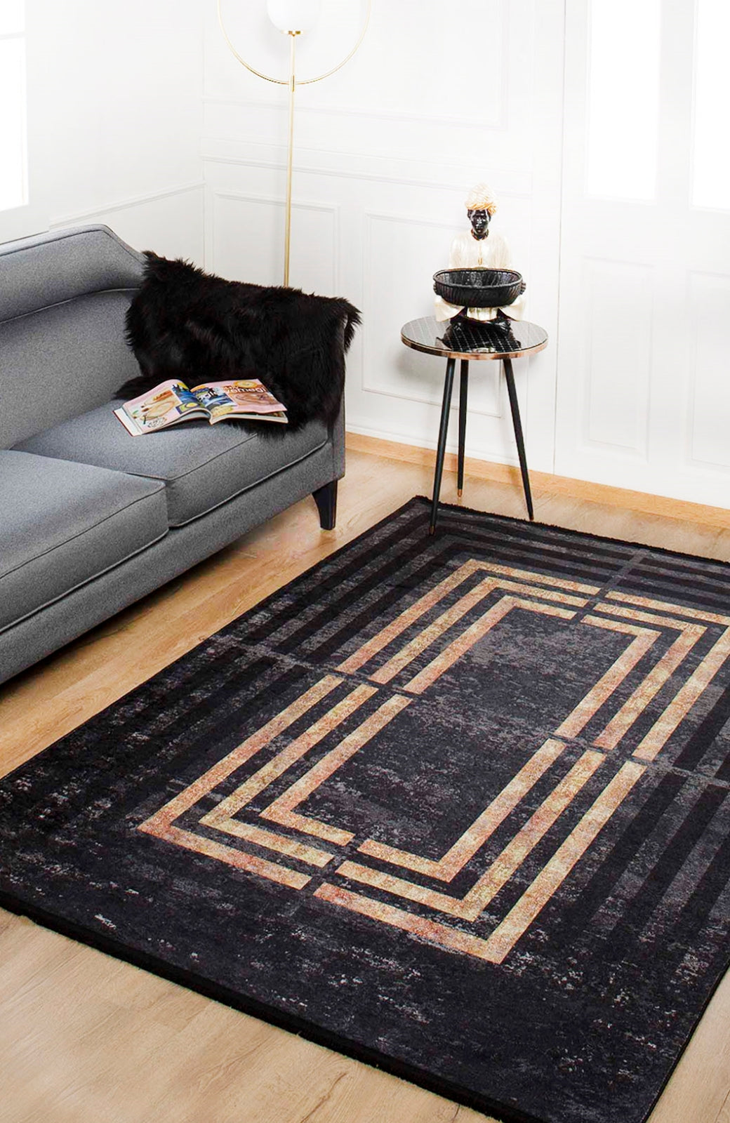 Gold Frame Area Rug – Stylish Digital Print Carpet, Non Slip & Antibacterial