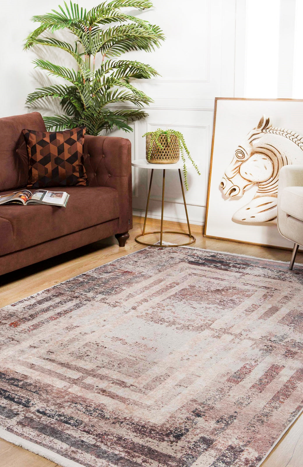 Beige Geometric Area Rug – Digital Print Rug With Non Slip, Antibacterial Features