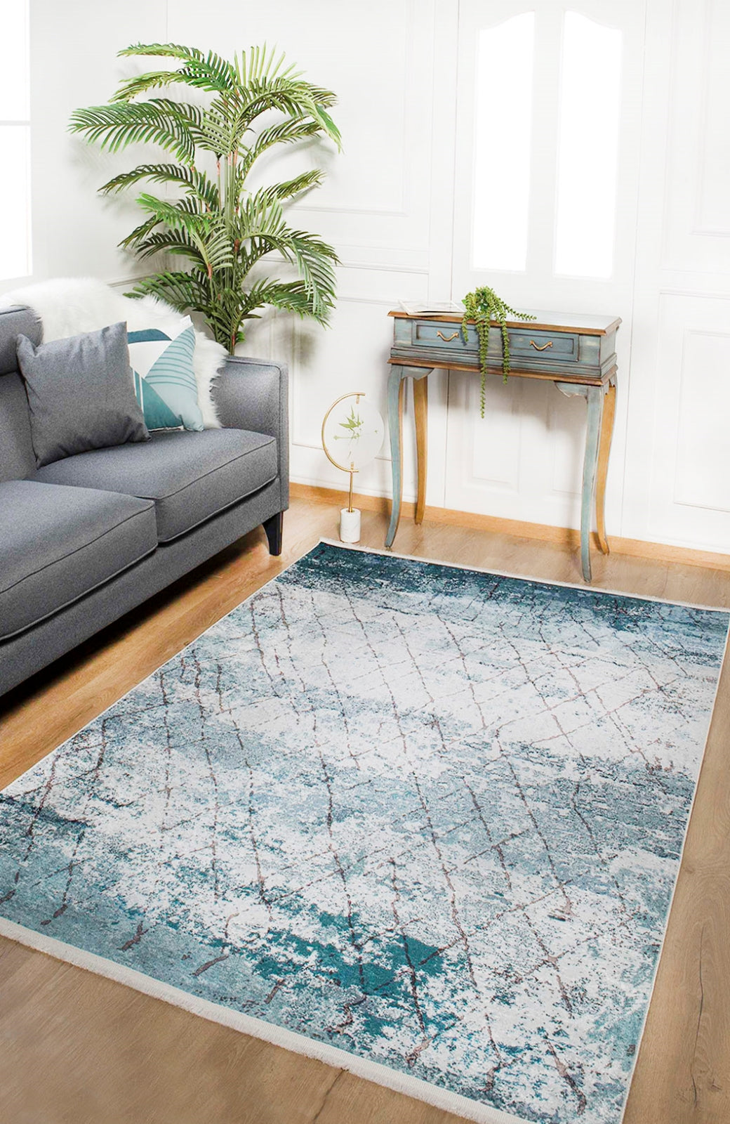 Blue Geometric Area Rug - Washable Digital Print Rug | Non Slip, Antibacterial Carpet