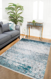 Blue Geometric Area Rug - Washable Digital Print Rug | Non Slip, Antibacterial Carpet