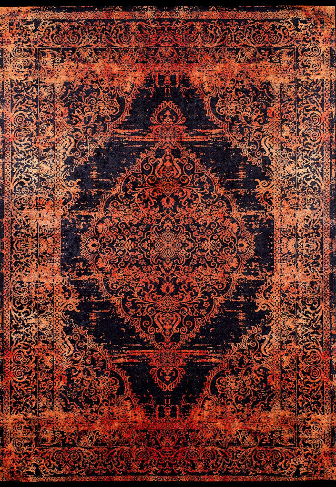 Classic Digital Print Rug - Orange Black Area Rug | Non Slip, Antibacterial Carpet