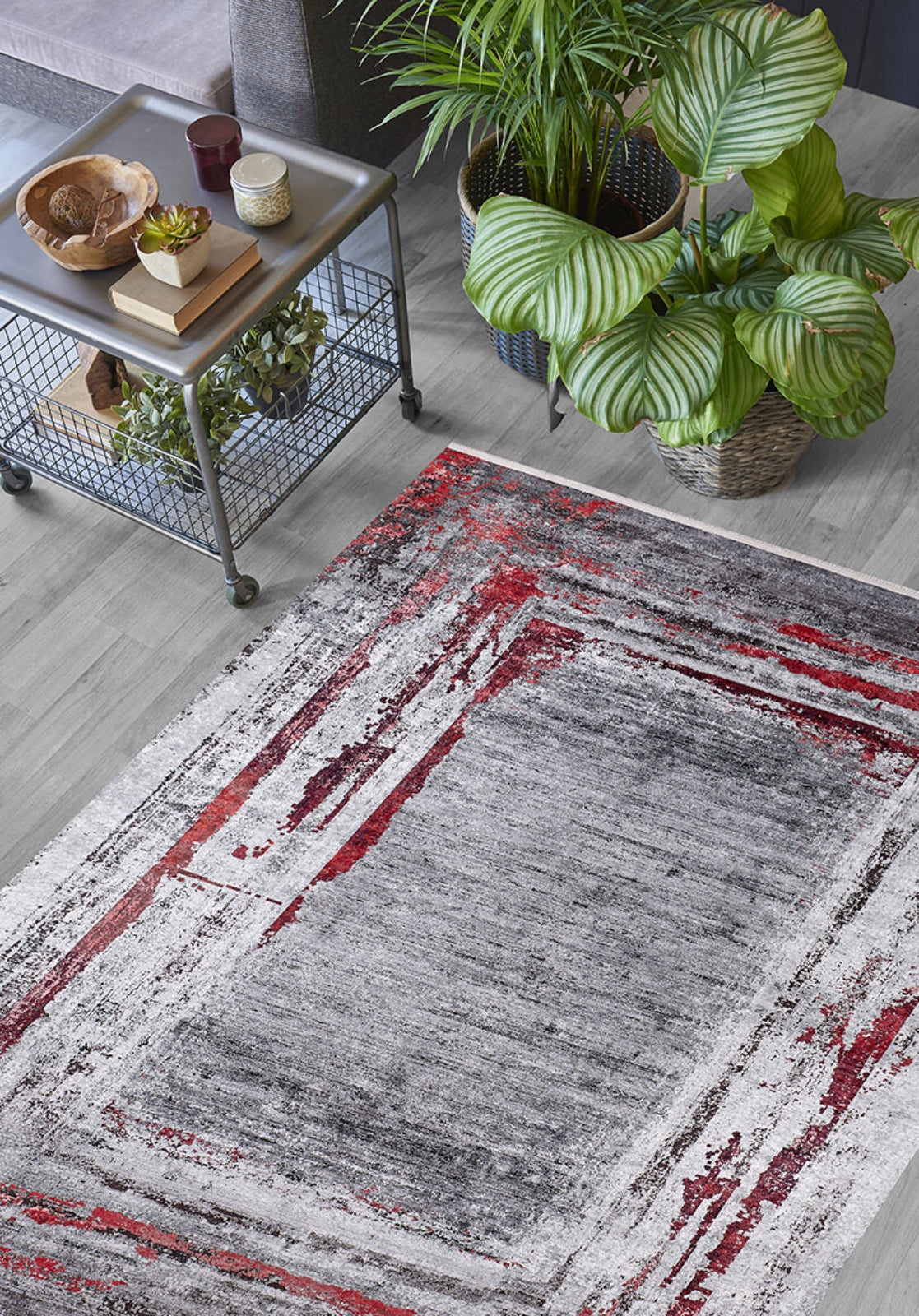 Burgundy Area Rug - Digital Print Frame Design Carpet | Non Slip, Antibacterial