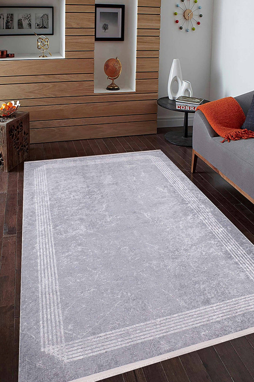 Grey Digital Print Rug - Modern Frame Area Rug | Antibacterial, Non Slip, Washable