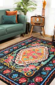 Black Floral Area Rug – Non Slip Carpet | Washable Digital Print Rug by Hal?net