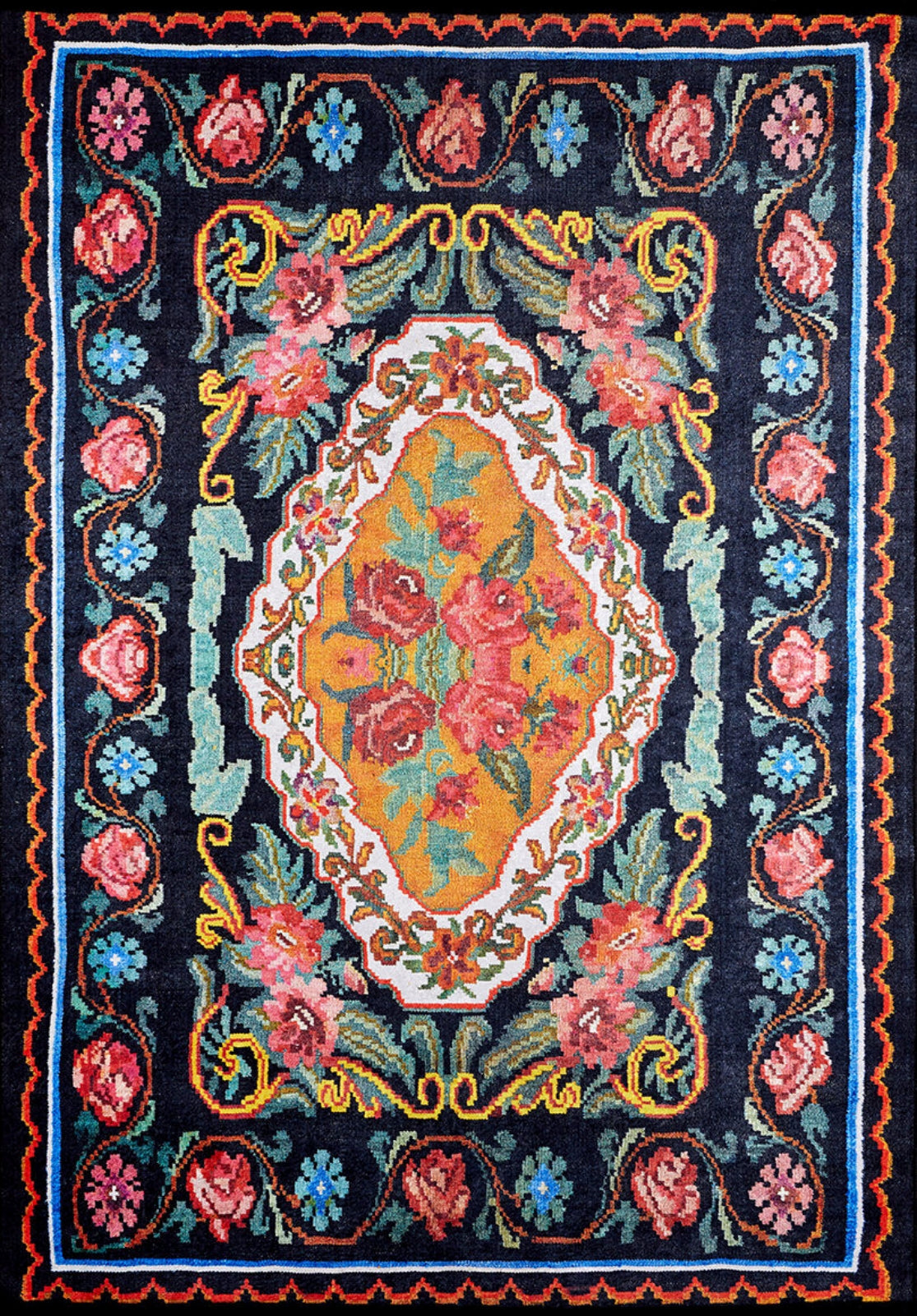 Black Floral Area Rug – Non Slip Carpet | Washable Digital Print Rug by Hal?net