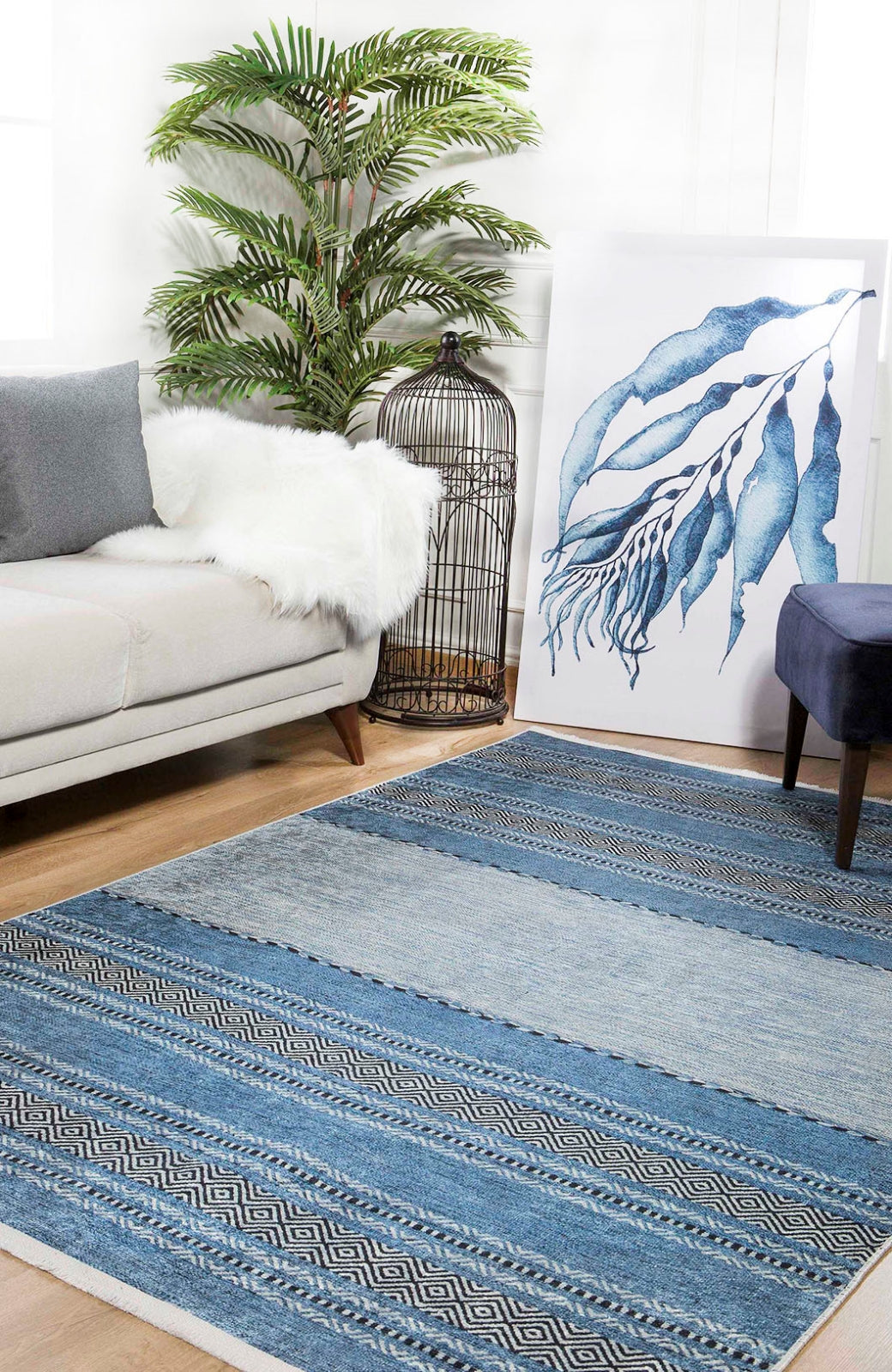 Blue Striped Area Rug – Digital Print Non Slip Carpet for Living Room