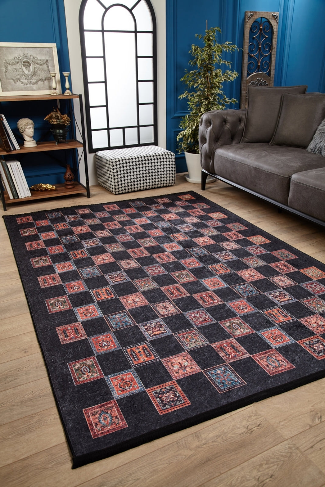 Black Geometric Area Rug – Digital Print Non Slip Washable Carpet for Living Room