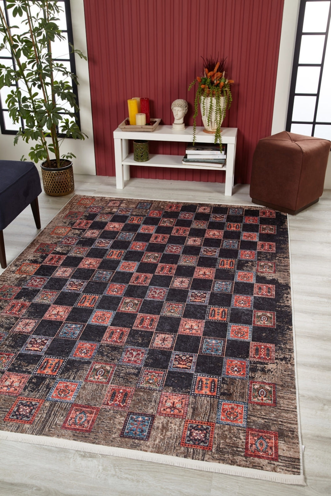 Black Geometric Area Rug – Digital Print, Non Slip, Antibacterial Carpet for Living Room