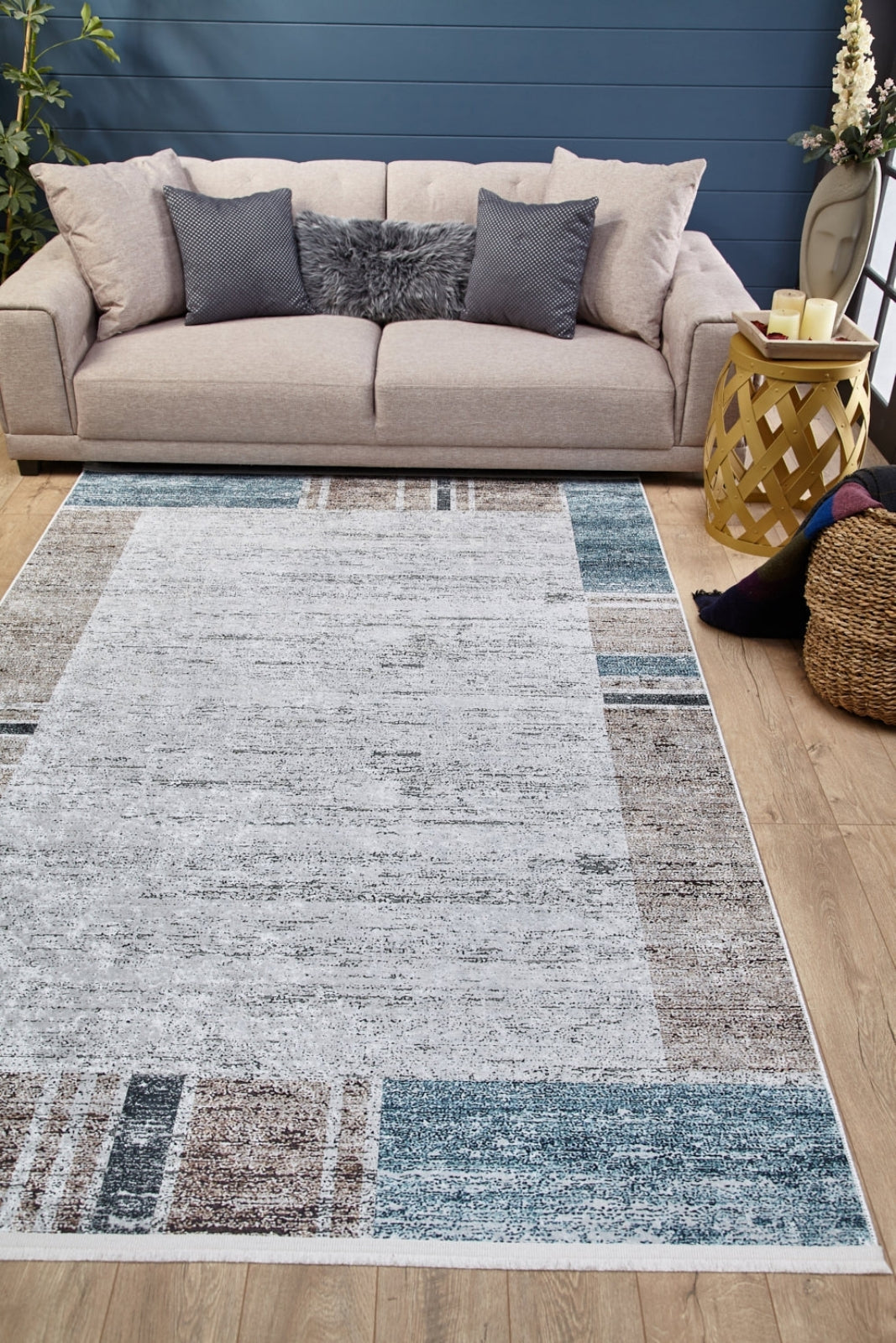 Grey Area Rug - Digital Print Frame Design | Non Slip, Antibacterial Carpet