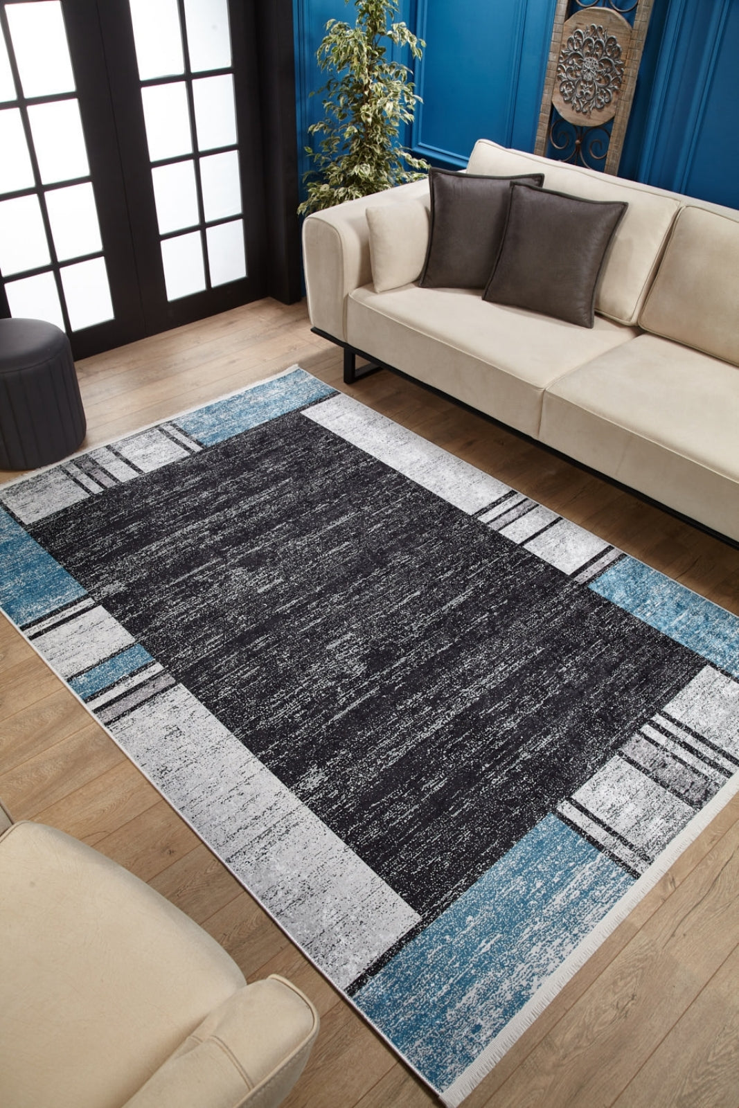 Digital Print Area Rug – Blue Frame Rug, Non Slip Antibacterial Carpet