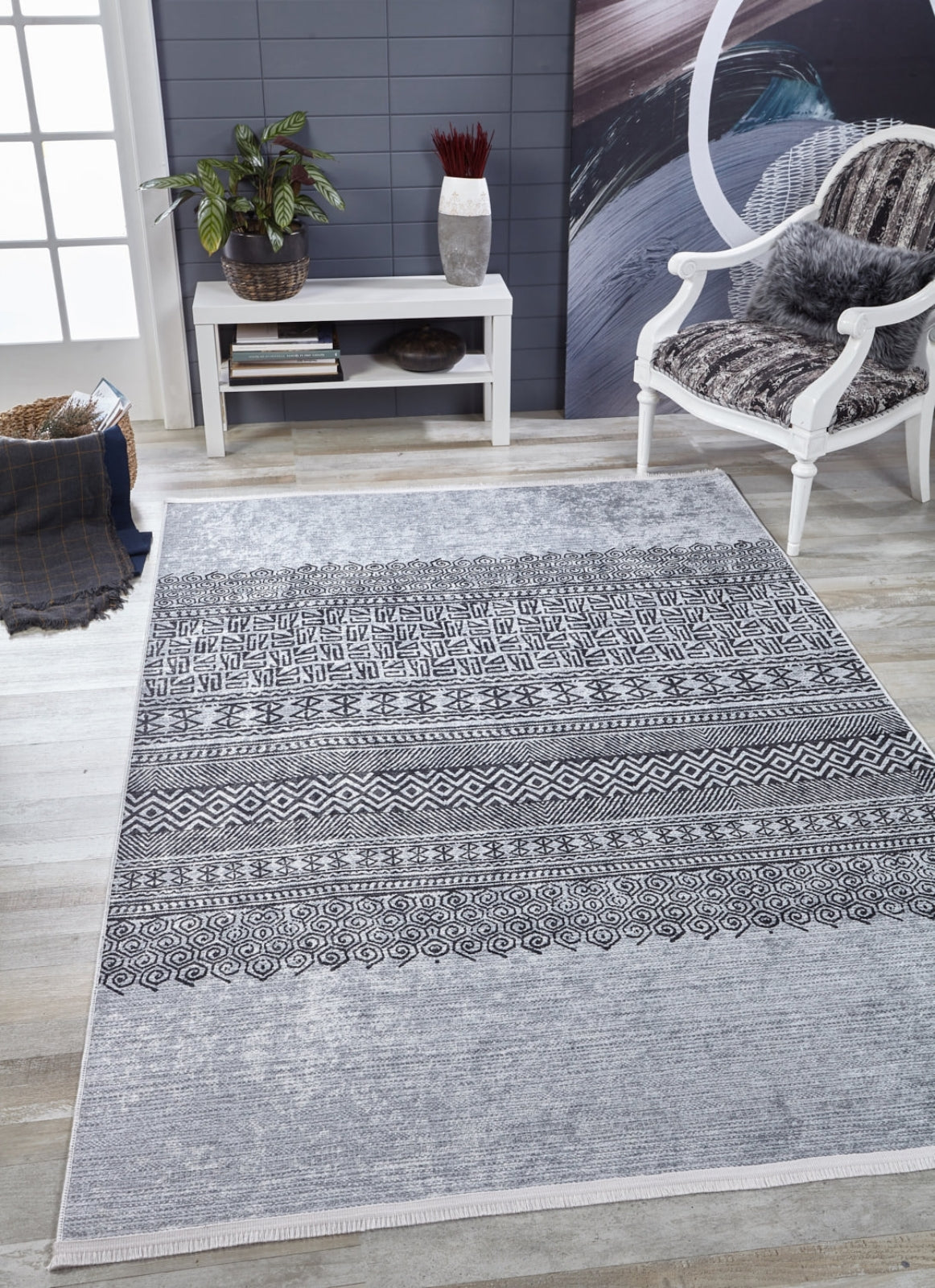 Modern Area Rug – Grey Digital Print Carpet | Antibacterial, Non Slip, Dust Free