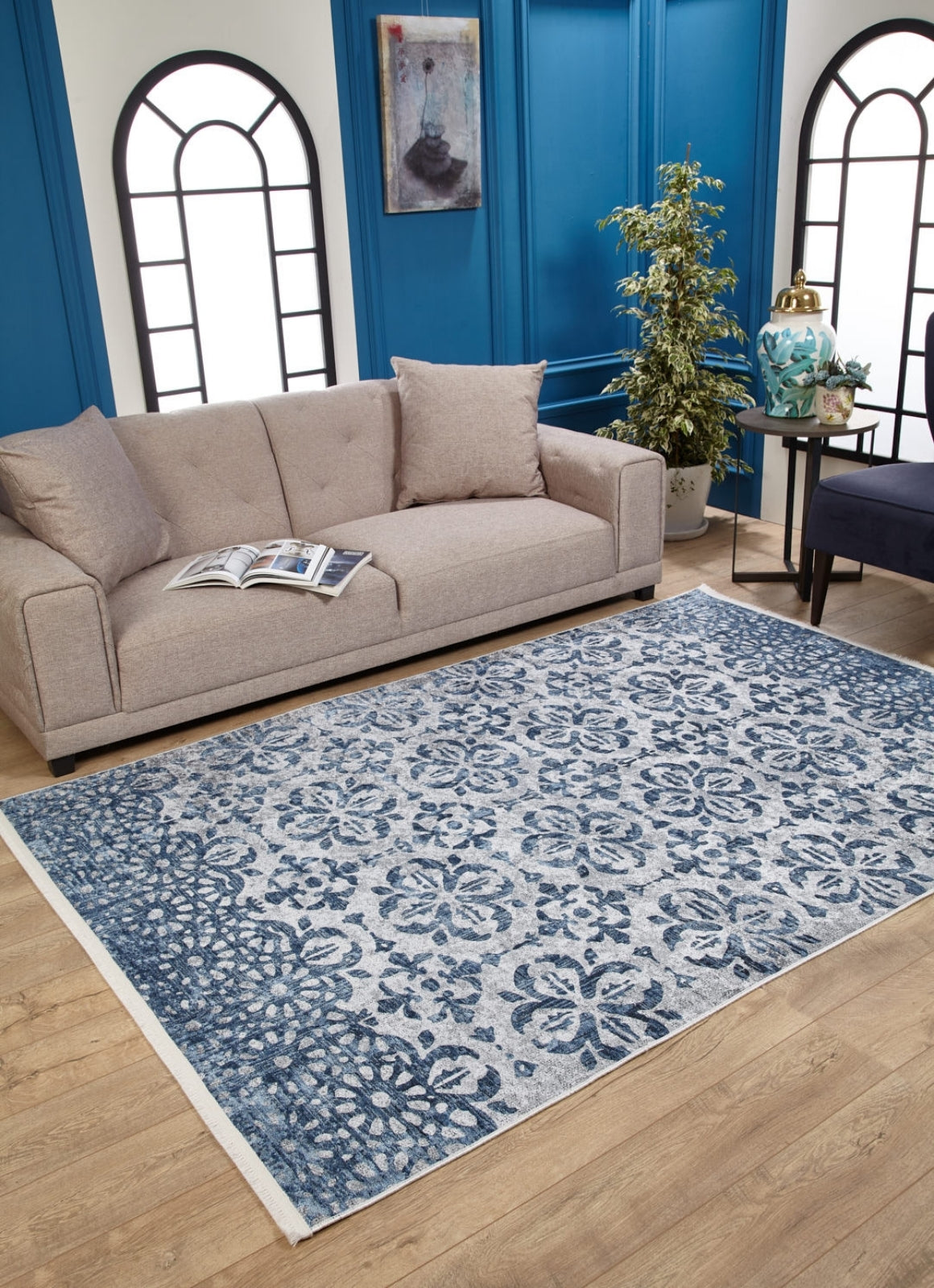 Blue Floral Area Rug | Stylish Home Rug, Dust Free Carpet with Non Slip Digital Printed Design