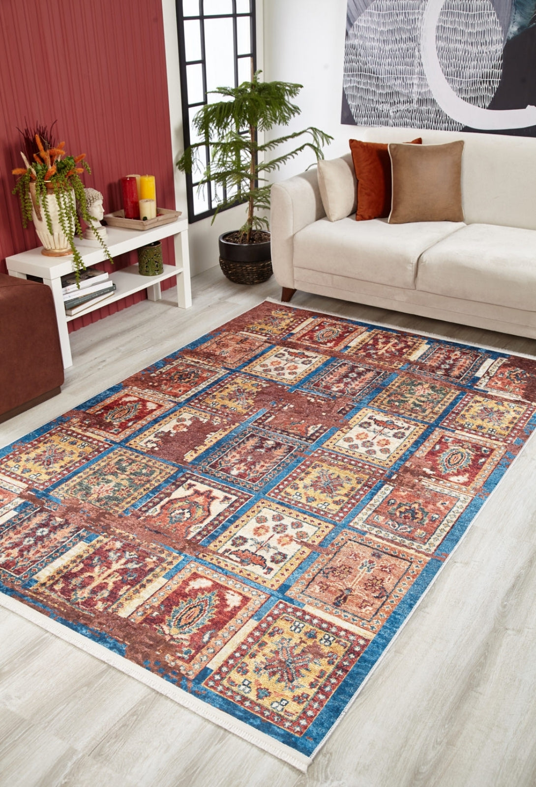 Blue Patchwork Area Rug - Digital Print, Non Slip, Washable Floor Covering