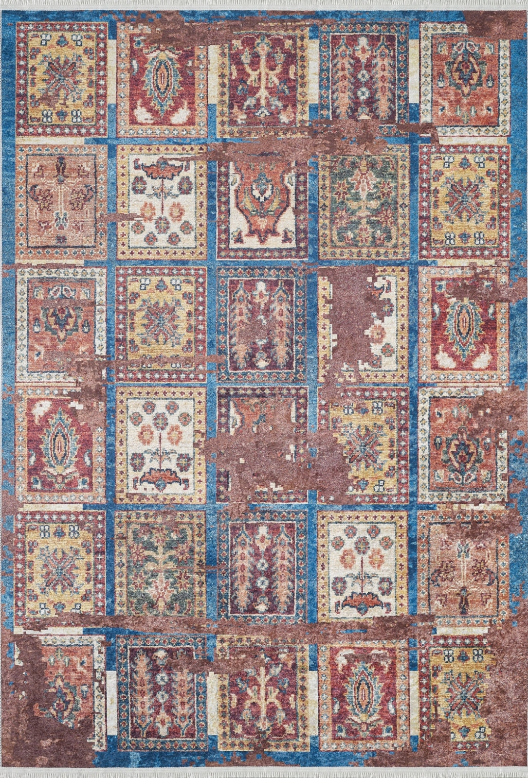 Blue Patchwork Area Rug - Digital Print, Non Slip, Washable Floor Covering