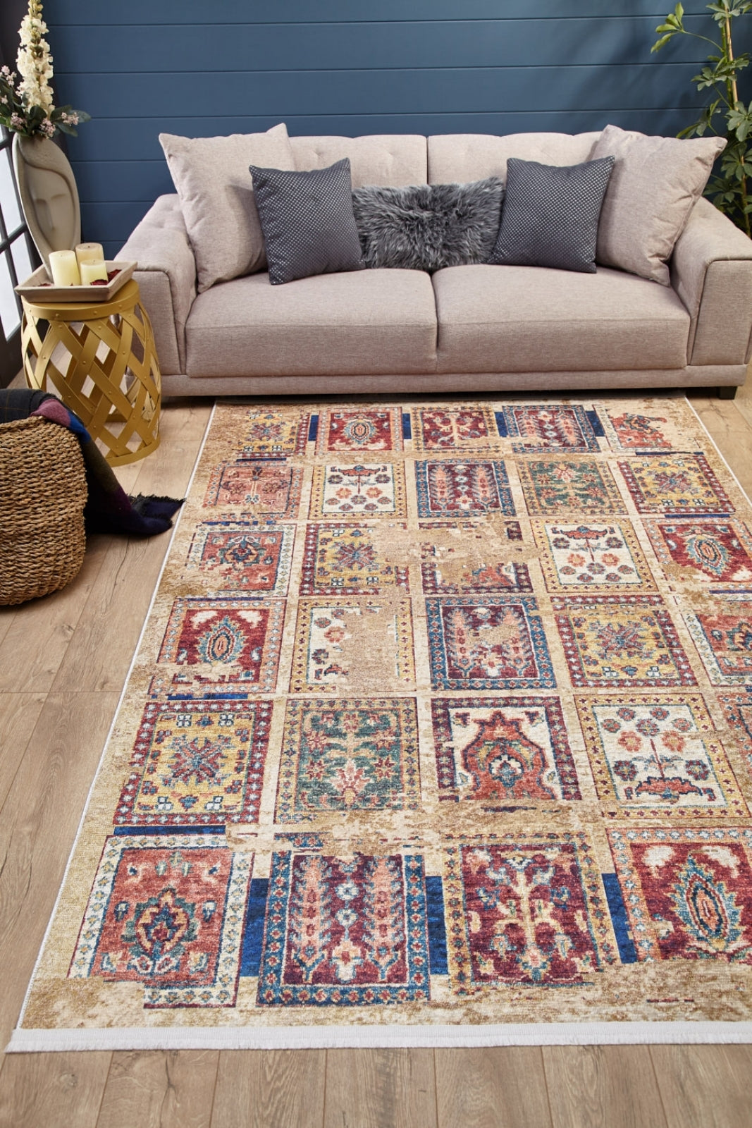 Beige Patchwork Area Rug – Digital Print Rug, Non Slip Carpet, Washable Design