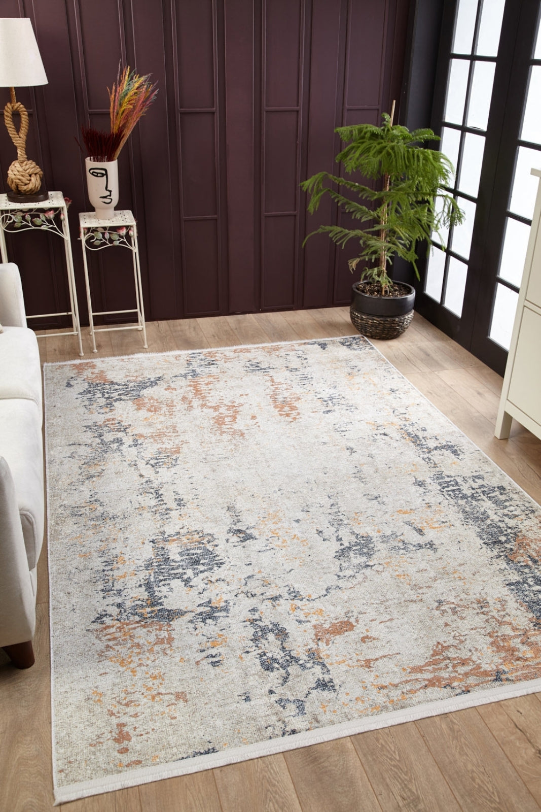 Modern Digital Area Rug – Cream Non Slip Floor Rug with Antibacterial Protection