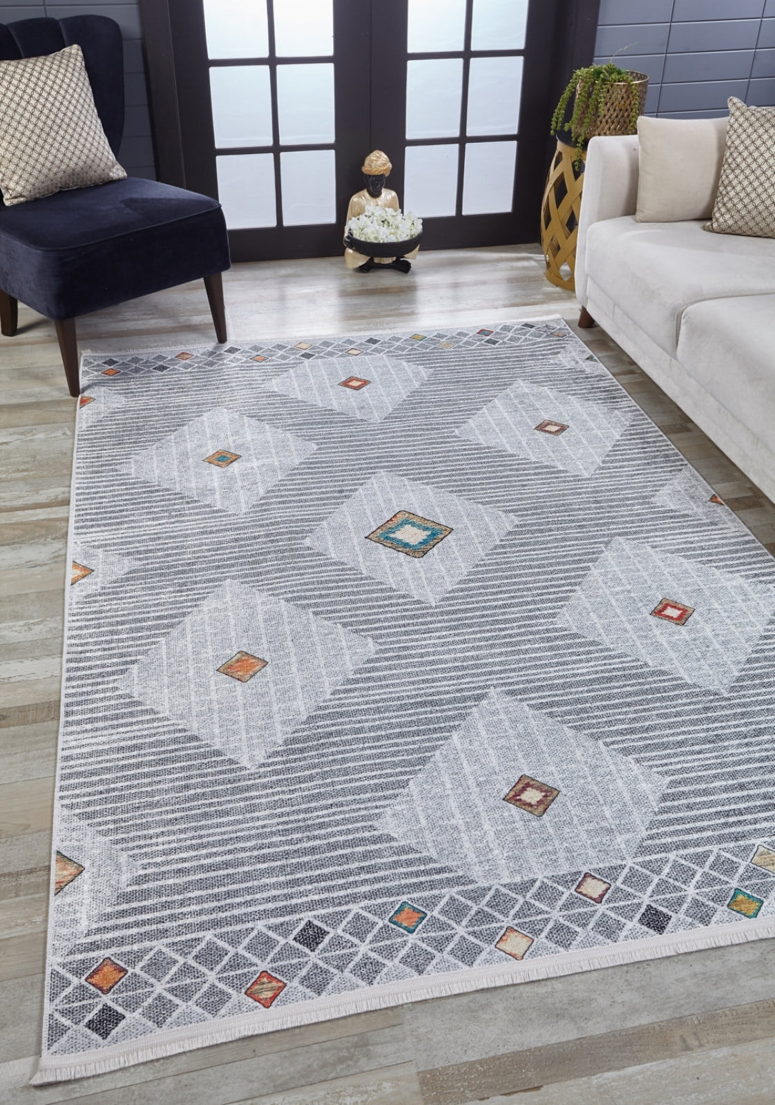 Grey Geometric Area Rug – Washable Non Slip Carpet With Digital Print Flooring