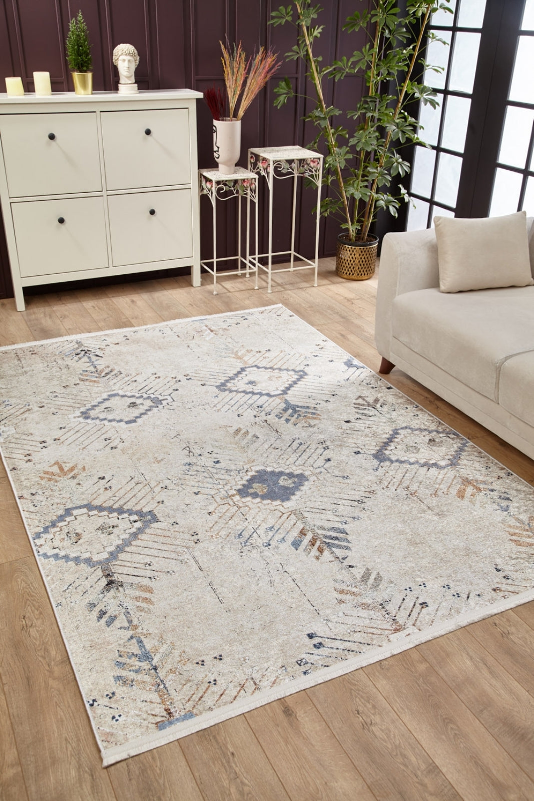 Modern Digital Print Rug – Beige Area Rug with Non Slip Backing & Antibacterial Carpet
