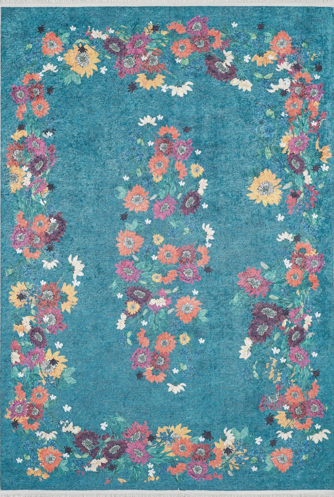 Blue Floral Area Rug - Digital Print Non Slip Washable Carpet for Living Room