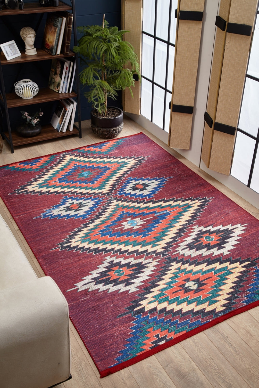 Burgundy Geometric Rug - Non Slip Washable Area Rug with Digital Print Carpet