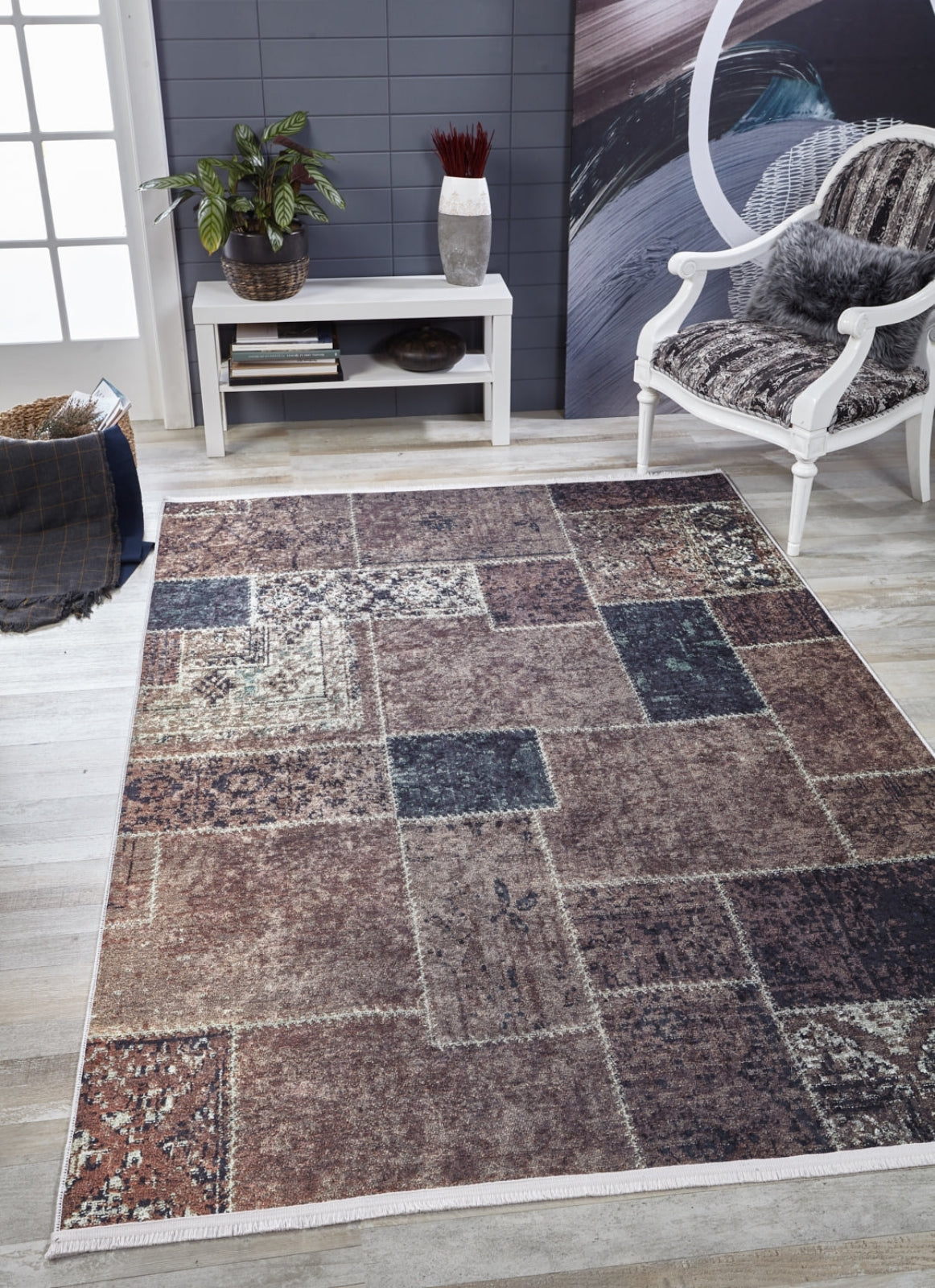 Patchwork Area Rug - Digital Print Brown Carpet With Antibacterial, Non Slip Design