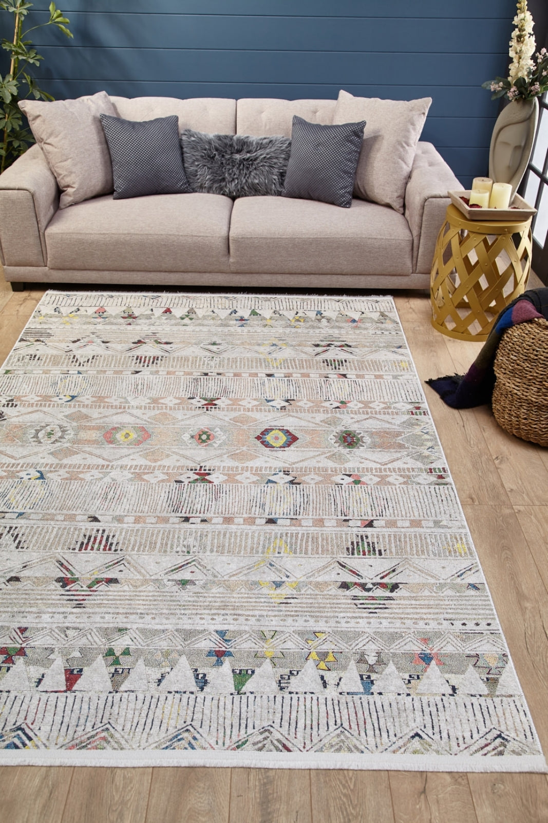 Beige Striped Area Rug – Digital Print Carpet, Non Slip & Washable Floor Covering