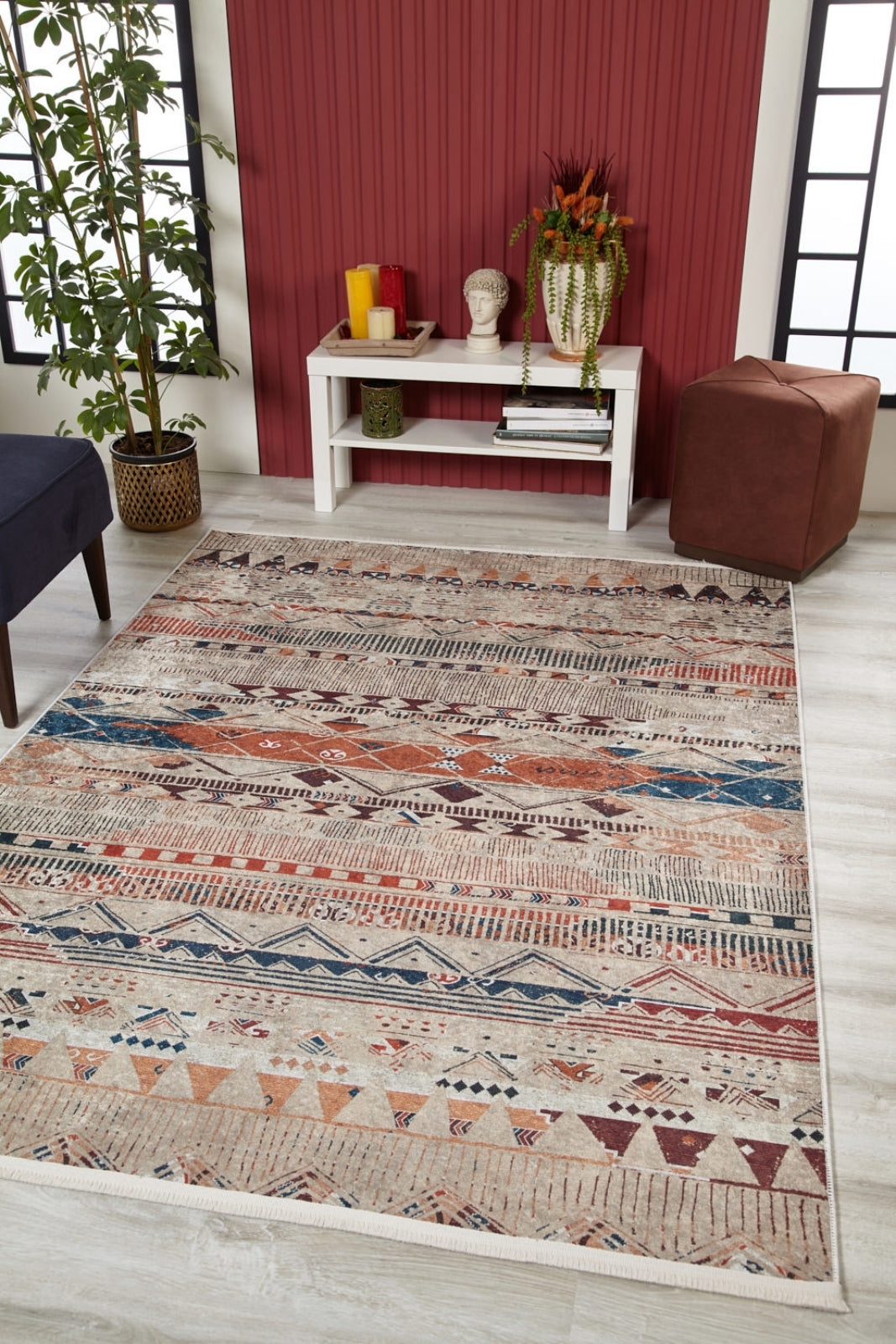 Beige Geometric Area Rug – Digital Print Washable Non Slip Carpet for Living Room