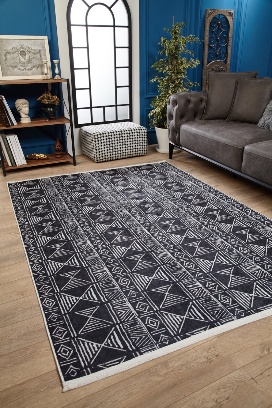 Black Geometric Area Rug – Modern Digital Print Carpet | Non Slip Rug, Washable